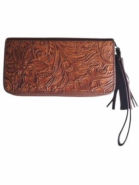 Shyanne RARE Western Tooled Brown Leather Zip Wallet